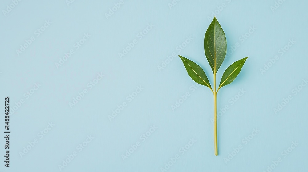Fototapeta premium Minimalist image of three green leaves on a light blue background, arranged symmetrically with a simple and clean composition.