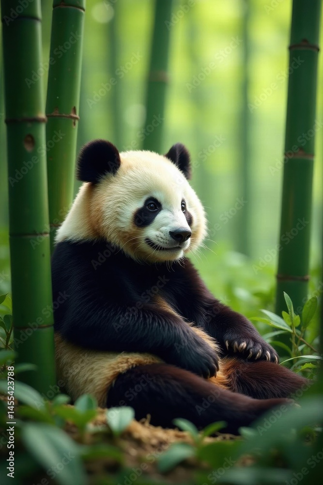 Fototapeta premium Relaxed panda nestled in bamboo grove, bokeh background , background, black and white