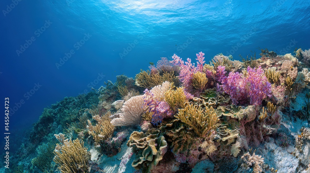 Fototapeta premium Vibrant coral reef teeming with colorful life underwater.