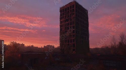 Post-apocalyptic cityscape at twilight depicting a dilapidated high-rise building amidst ruins photo