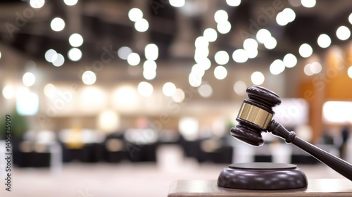 An auction gavel with a blurred auction room in the background.