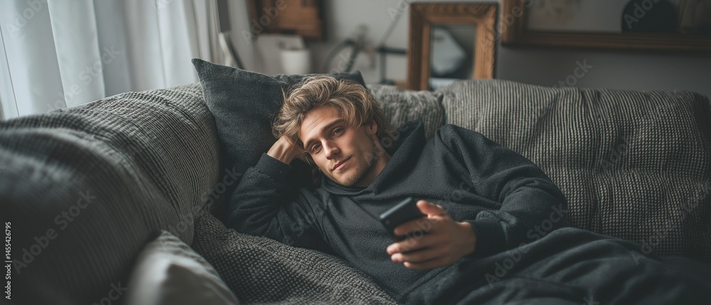 Fototapeta premium A young man looks at his phone and smiles while he rests on a couch. the comfortable setting.