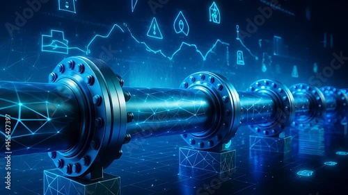 Futuristic Industrial Pipeline with Glowing Digital Overlay Representing Energy Flow, Infrastructure, and Smart Monitoring

