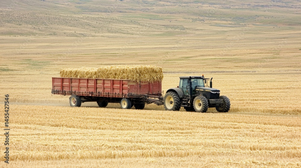 Obraz premium A tractor pulling a trailer loaded with harvested wheat.