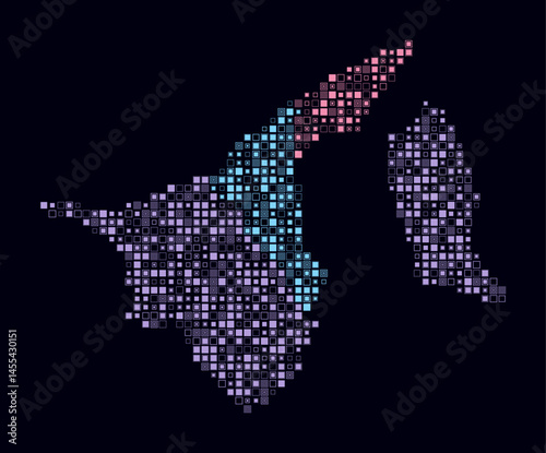 Brunei, shape of the country built of colored cells. Digital style map of Brunei on a dark background. Small size square blocks. Modern vector illustration.