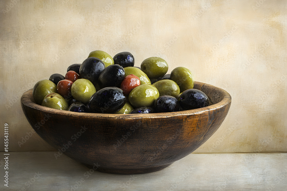 Vibrant Array of Oil-Kissed Olives Nestled in Rustic Wooden Bowl with a Splash of Pimientos Amidst a Textured Setting Vibrant Array of Oil-Kissed Olives Nestled in Rustic Wooden Bowl with a Splash of Pimientos Amidst a Textured Setting