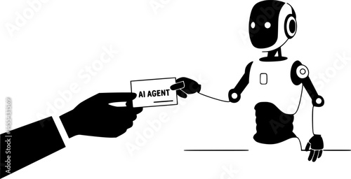 vector silhouette AI Agent Robot Handing Business Card to Human Representing Collaboration, Automation, and Human-AI Partnership in Futuristic Interaction