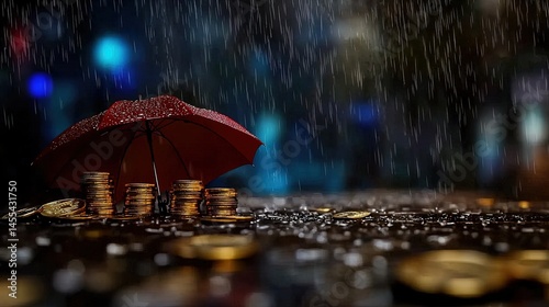 Wallpaper Mural Red umbrella shielding stacks of coins during a rainstorm. Torontodigital.ca