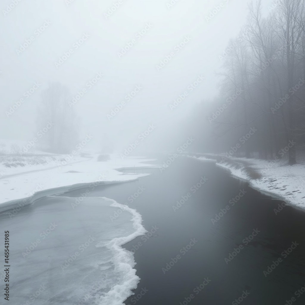 Obraz premium Icy River in Winter Fog