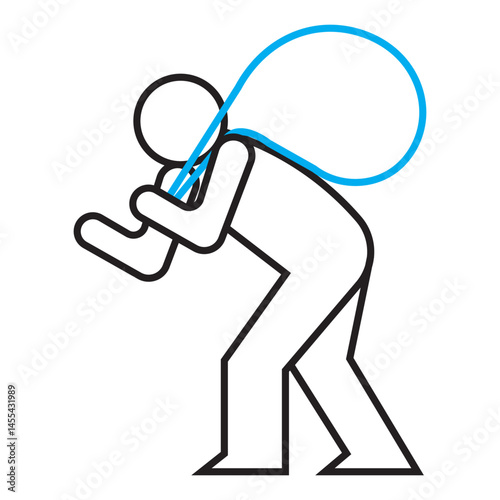 Simple stickman icon of a person carrying a heavy load with a blue curved strap over the shoulder. Black outline with blue accent, symbolizing hard work, burden, labor, or physical stress. Perfect for