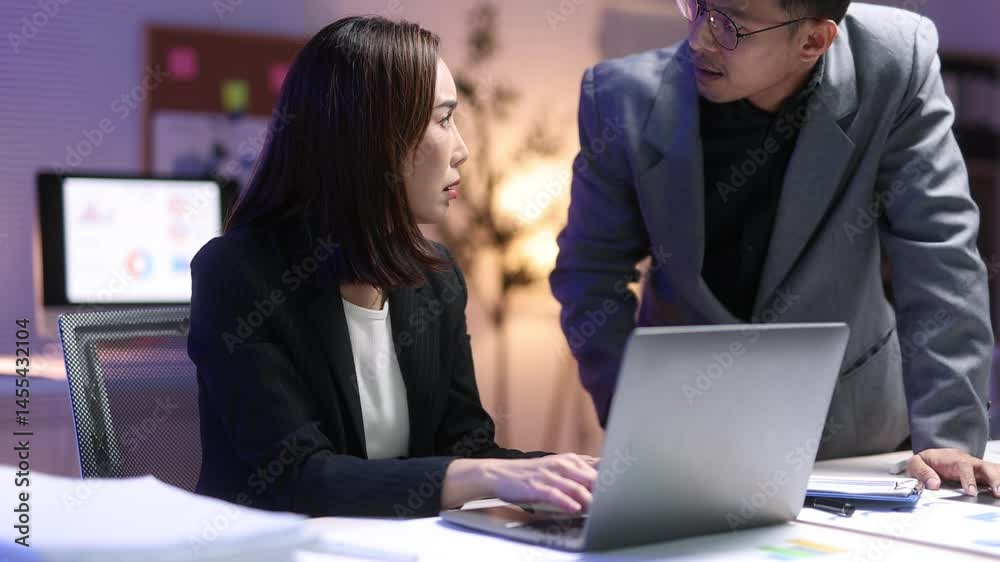 Office stress: manager reprimanding employee for bad result. Stressed businessman revealing poor performance metrics to employee during late-night office, professional tension and workplace pressure. Office stress: manager reprimanding employee for bad result. Stressed businessman revealing poor performance metrics to employee during late-night office, professional tension and workplace pressure.
