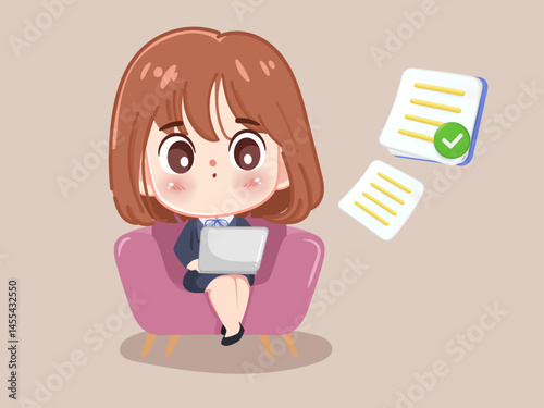 Cute cartoon businesswoman working with laptop and sending files. Woman sitting in living room.