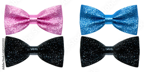 Illustration of Glitter Bows in Pink Blue and Black Colors on Transparent Background