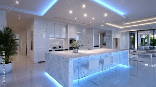 A modern home's luxury living room features an interior design with contemporary furniture next to a swimming pool, illuminated by natural light through large windows
