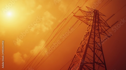 High voltage power lines against a fiery orange sky.