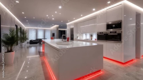 Modern home interior showcases a contemporary kitchen with wood cabinets and a connected living room design featuring luxury furniture
