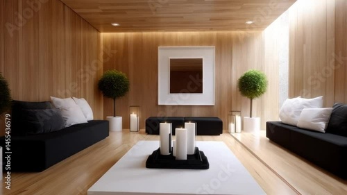 Modern home design features a contemporary living room with a stylish sofa and a fireplace, illuminated by natural light