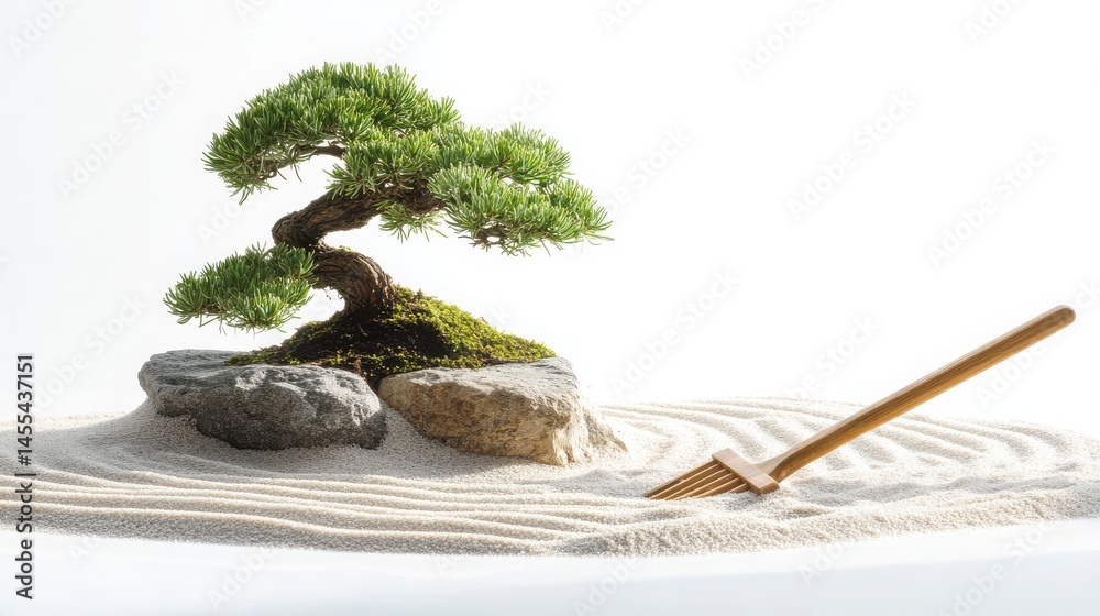 Fototapeta premium Zen Garden with Bonsai Tree and Rake