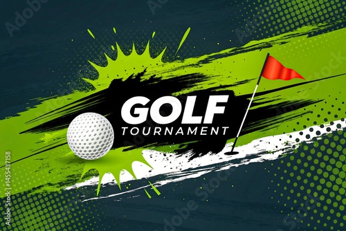 Creative golf tournament banner design with golf ball, flag and abstract green brush stroke background
