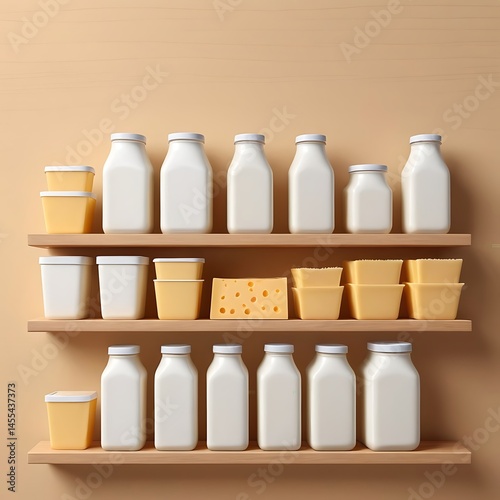Arrangement of dairy products on wooden shelves against a tan wall backdrop