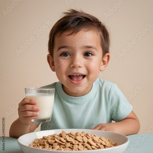 Cheerful young boy enjoying a healthy breakfast of cereal and fresh milk