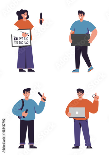 A set of 4 flat design animator characters in a clean, minimal style. Each holds animation tools, with diverse looks and a white background.