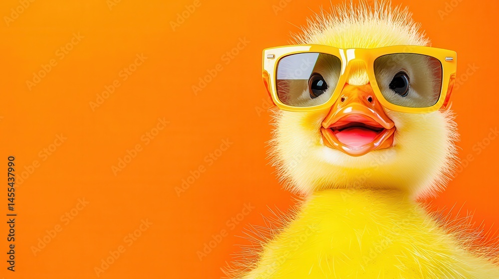 Fototapeta premium Cute Yellow Duckling Wearing Sunglasses on Orange Background