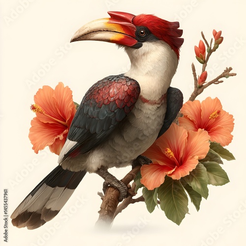 A majestic rufous-headed hornbill perches gracefully on a branch amidst vibrant orange hibiscus flowers in a detailed artistic illustration.