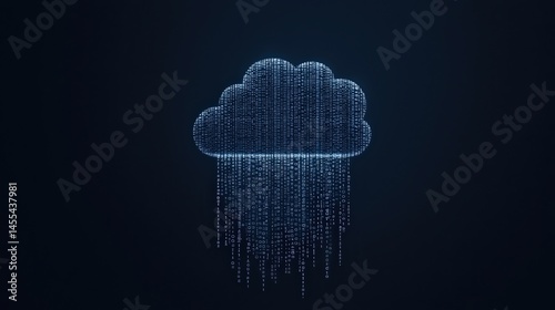 A digital cloud made of binary code streams data downwards on a dark background.