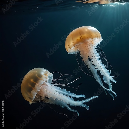 Ethereal ballet: Two golden jellyfish dance in the sunlit ocean depths