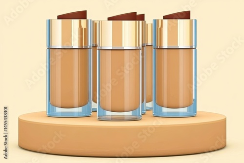 Elegant foundation containers.  Four bottles of light beige liquid foundation on a light beige round pedestal