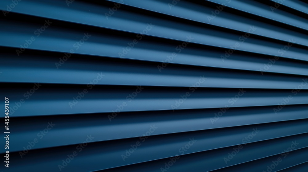 Obraz premium Close-up of blue metal horizontal louvered panels, creating a modern, geometric pattern with light and shadow.
