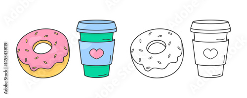 Fun doodle-style coloring page featuring a cute donut and coffee cup with a colored example. Perfect for kids' activities, stress relief, and DIY projects. 