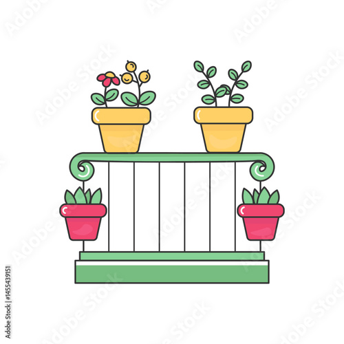 Doodle icon balcony with flowers. Simple line clip art in color. Stock image isolated on white background.