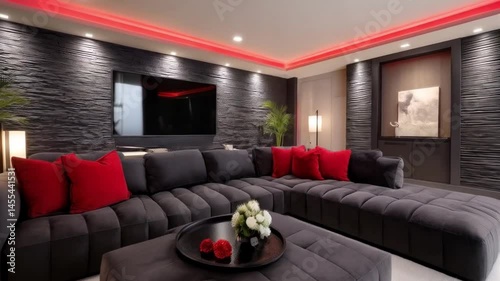 A luxurious contemporary living room interior features comfortable furniture like a sofa and armchair near a fireplace, showcasing modern home design with ample light