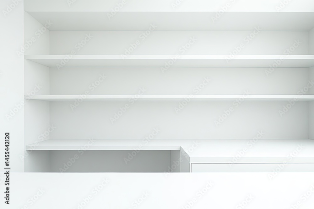 Empty white shelving unit with a countertop Empty white shelving unit with a countertop