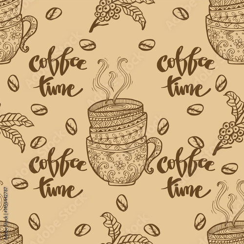 Coffee time. Hand drawn seamless pattern with coffee cups, beans and lettering.