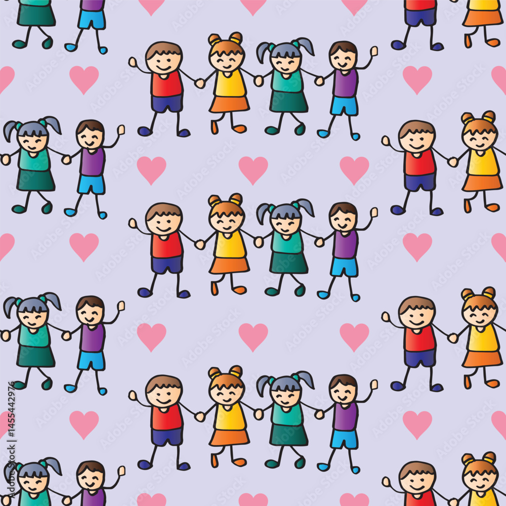 Fototapeta premium Seamless pattern with happy children on light purple background. Vector illustration.