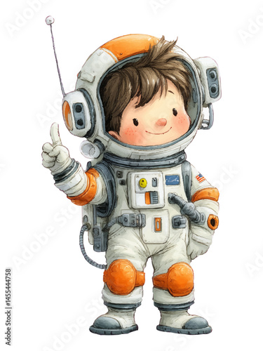 Cute watercolour illustration of a smiling boy astronaut in space suit with thumbs up gesture, isolated with transparent background
