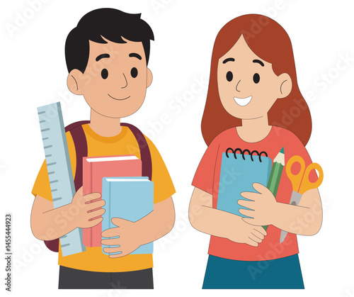 Back to School Vector Happy Boy and Girl Holding Books and Stationery Supplies. Cute School Kids with Study Materials Flat Style Educational Vector Illustration.  Flat Cartoon Vector for Education.