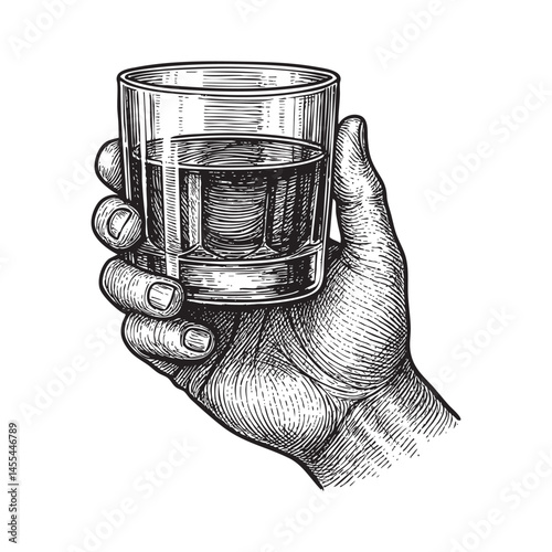 hand holding whiskey glass engraving woodcut illustration