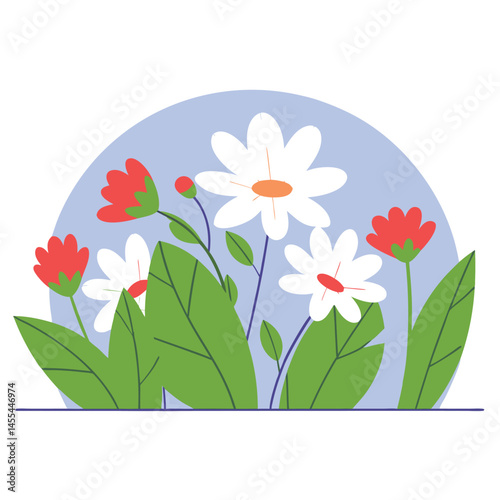 Blue and Red Flowers Garden Illustration 