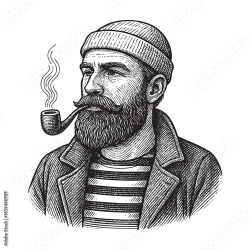 hipster sailor with thick beard and pipe engraving woodcut illustration