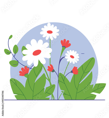 Blue and Red Flowers Garden Illustration 