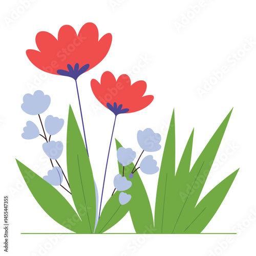 Blue and Red Flowers Garden Illustration 