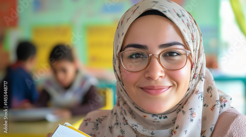 Close-up of a female teacher wearing a hijab and glasses, smiling softly while holding a textbook, classroom background with students focused on studying, Ai generated images