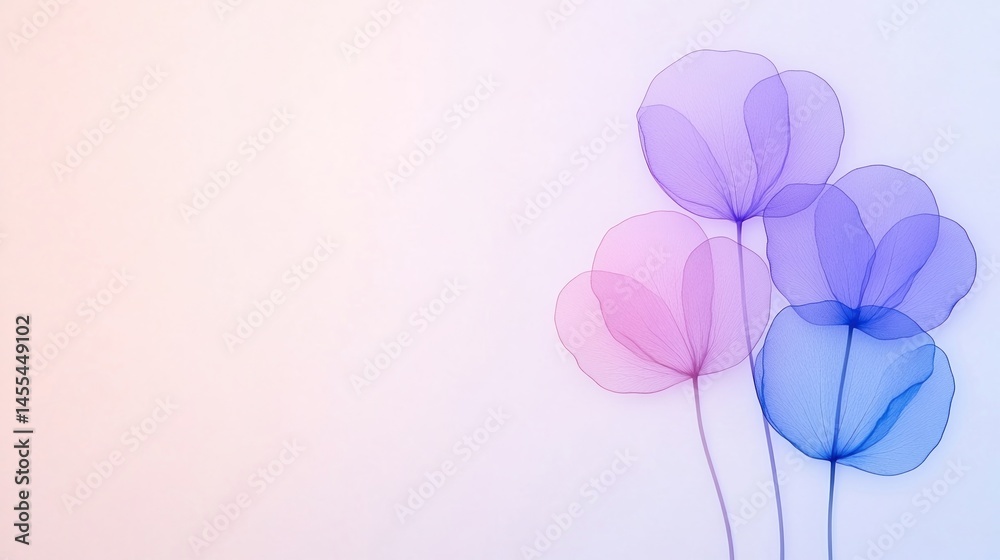 Naklejka premium Delicate, translucent, abstract floral shapes in pink and blue on a light pastel background.