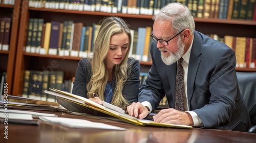 An attorney reviewing case files with a legal assistant.