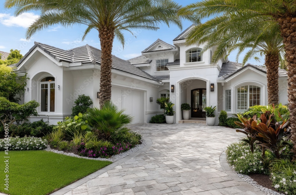 A front view of the driveway leading to an elegant home in among palm trees and grass A front view of the driveway leading to an elegant home in among palm trees and grass