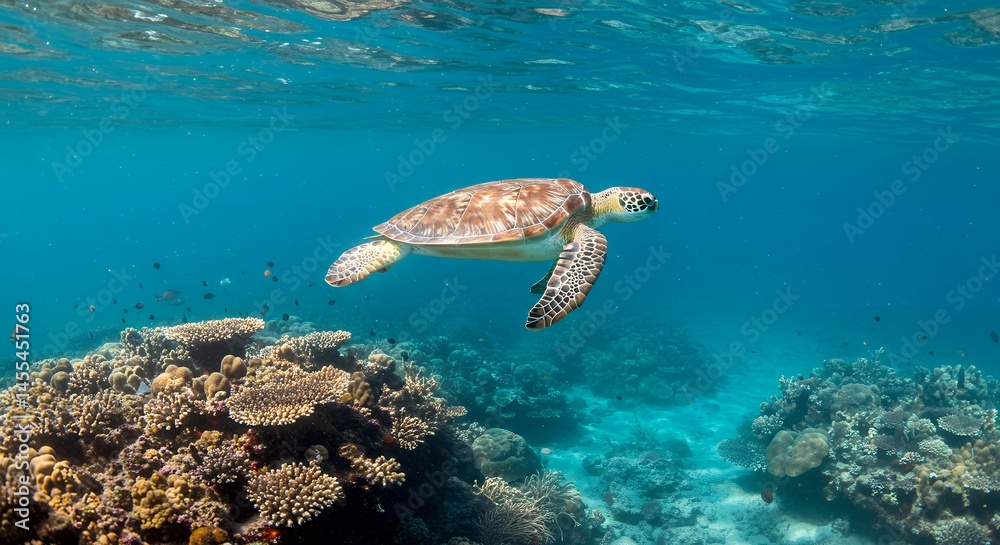 Obraz premium Sea turtle swimming gracefully over a vibrant coral reef in clear blue ocean water
